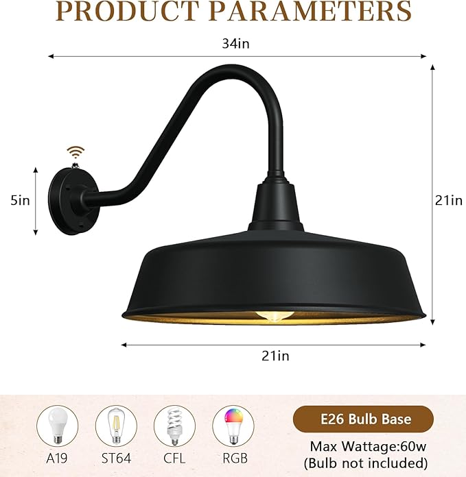 21 Inch Large Outdoor Gooseneck Barn Lights from Dusk to Dawn Extended Arm Classic Farmhouse Wall Mount Gooseneck Lights for Garage Shop Porch Lights.