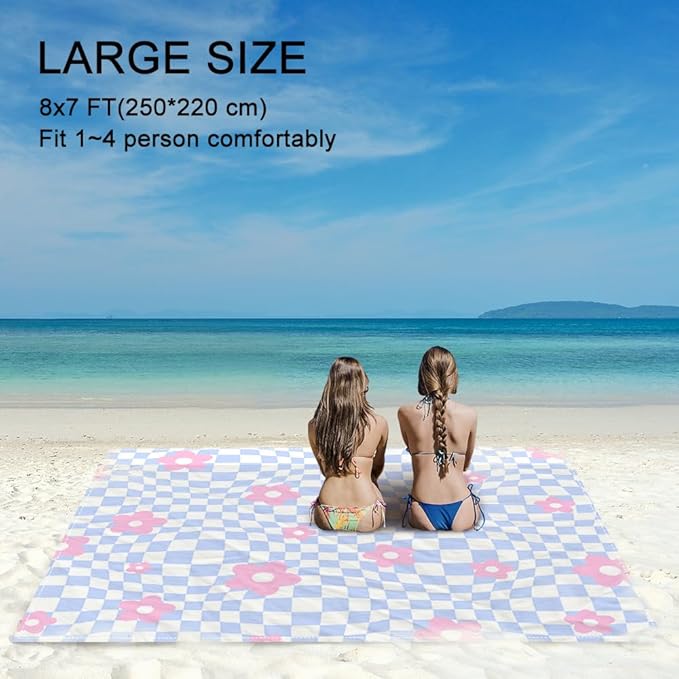 Beach Blanket Waterproof Sandproof Extra Large 8 Ft X 7 Ft for 4 Adults Oversized Sand Free Beach Mat with 4 Corner Pockets and Stakes Portable for Beach Picnic Travel Camping (Pink Purple)