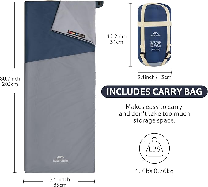 Naturehike Lightweight Compact Sleeping Bag 59℉/32℉ Envelope Ultralight Backpacking Sleeping Bag Portable Waterproof with Compression Sack for Cold&ampWarm Camping Traveling Hiking