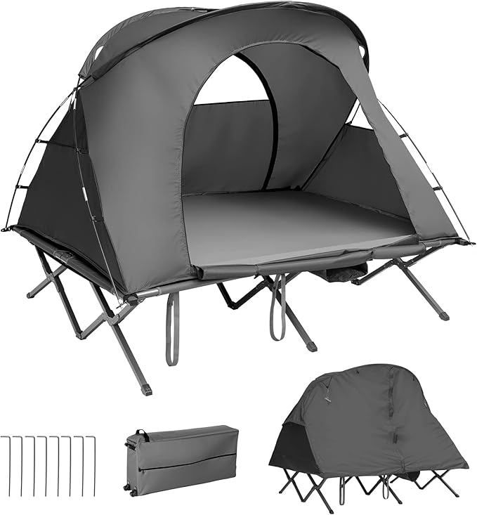 Tangkula 2-Person Tent Cot 4-in-1 Folding Tent with Waterproof Rainfly Self-Inflating Mattress &amp Roller Carrying Bag Portable Off Ground Elevated Tent with Shoe Storage Pocket &amp Lamp Hook