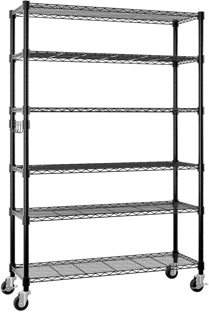 6-Story Storage Rack Adjustable Heavy-Duty Steel Wire Rack With Wheels/Leveling Feet Suitable For Garages Kitchens Laundry Rooms And Basements (Black 46.06 Inches X 17.71 Inches X 81.88 Inches)