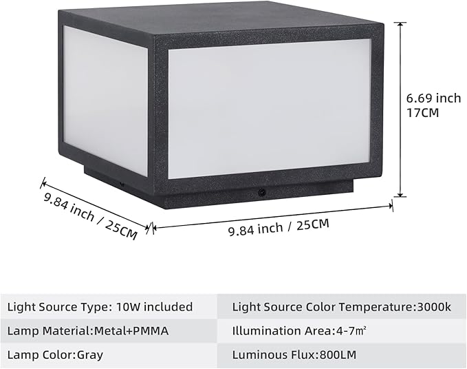Outdoor Modern Post Light Hard Wired Pillar Lights Square Post Column Caps Lamp for Flat Surface Stainless Steel Fence Deck Cap Lantern Lighting for Patio Garden Driveways IP65 Waterproof 10x10