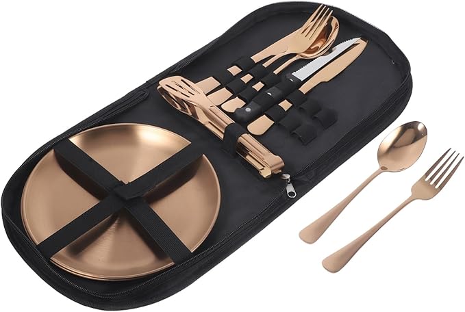 1set Stainless Steel Cutlery with Case Portable Camping Utensil Kit for Outdoor Dining Elegant Finish Includes Spoons Forks Knives Easy to Clean for Picnics and Hiking