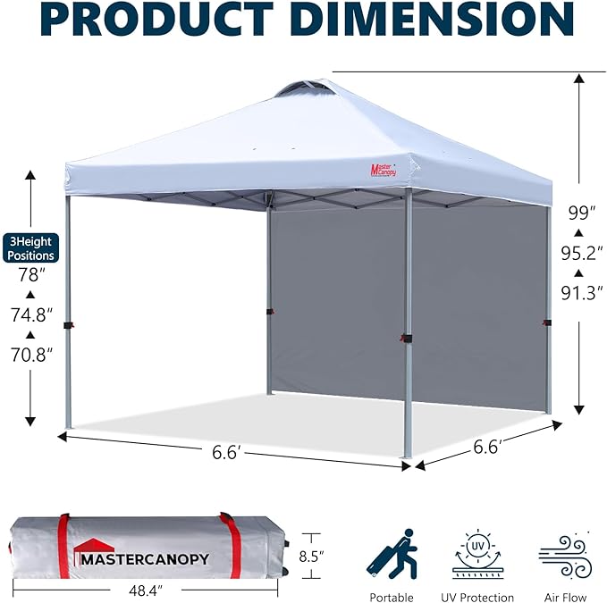 MASTERCANOPY Durable Pop-up Canopy Tent with 1 Sidewall (6.6'x6.6'White)