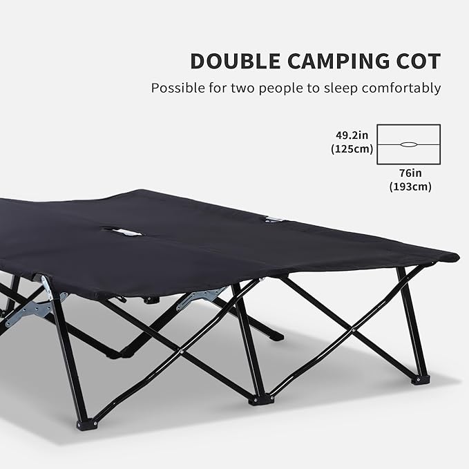 2 Person Folding Camping Cot for Adults 50 Extra Wide Portable Sleeping Cot with Carry Bag 300 lbs Capacity Elevated Camping Bed for Outdoor Beach Hiking Black
