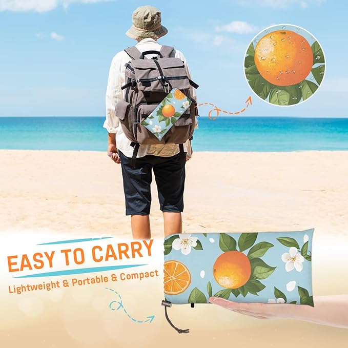 Waterproof Sandproof Beach Blanket 59''×68'' Fruit Orange Blossom Polyester Outdoor Picnic Blanket with 4 Stakes &amp Storage Bag for BeachCampingVacation
