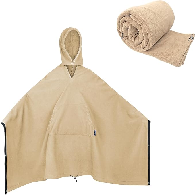 Fleece Wearable Blankets Camping Blanket Poncho 74.5 in * 63 in Warm Comfy Durable &amp Portable Machine Washable for Stadium Concerts Car Travel Sports Hiking Sofa. (Khaki)