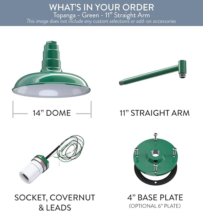 Steel Lighting Co. Topanga Barn Light | Outdoor Wall Mounted | Farmhouse Garage Light Made in America | 14 inch Dome | 11 inch Straight Arm | Green Exterior/White Interior