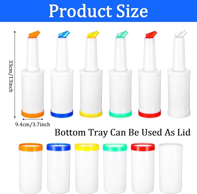 6-Piece Professional Bar Juice Pour Bottles Set - 0.9 Quart Juice Pourers for Bartending Store and Pour Containers for Bar with Leakproof Spouts (Multicolor 3.7x13 Inch PP Plastic)