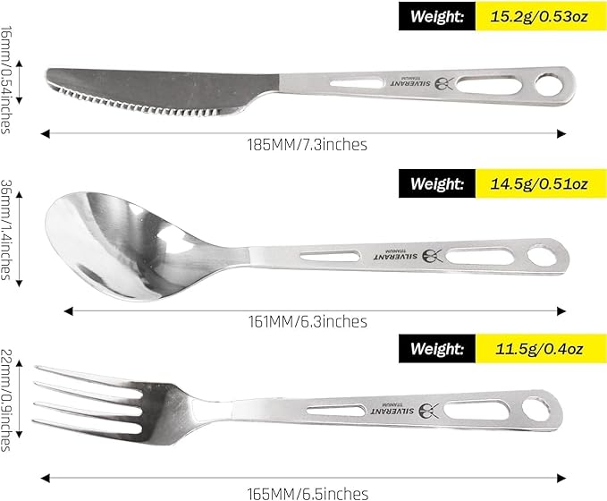 SILVERANT Titanium Camping Flatware Knife Fork &amp Spoon 3 Piece Camping Cutlery Set Lightweight Tableware for Lunch Box Outdoor Camping &amp Hiking Comes with Drawstring Bag &amp Carabiner- Pol