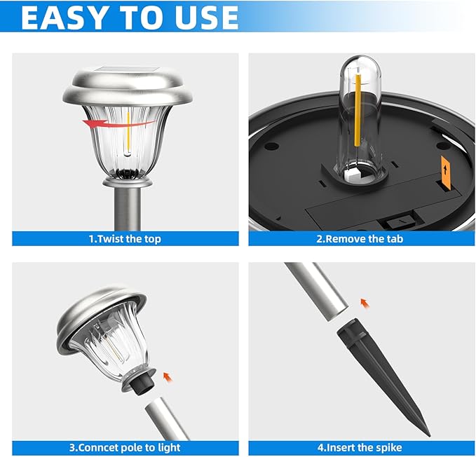 DERAYSION Solar Lights Outdoor Waterproof Brushed Stainless Steel Glass Solar Pathway Lights Auto On/Off Long-Lasting Outdoor Solar Lights for Garden Landscape Path Yard 6 Pack
