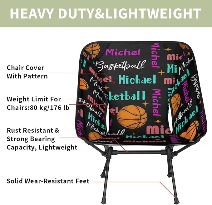 Custom Camping Chair Personalized Portable Backpacking Chair with Name Lightweight Folding Chair for Beach Hiking Basketball Theme