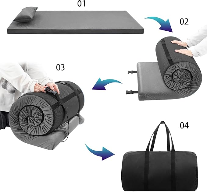 Sleeping Pad3-inch Thick Memory Foam Camping MattressPortable Roll-Up Mat for Car/Tent/Floor/Cot/TravelComfortable Pad for Guests Sleepover