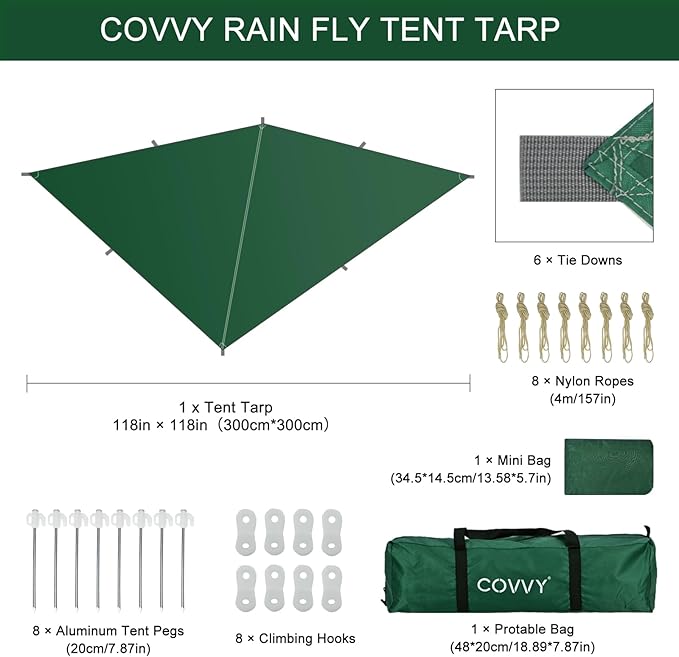 Rain Fly Hammock Waterproof Camping Tent Tarp COVVY Portable Multifunctional Camping Gear Equipment Lightweight Backpacking Shelter Awning for Outdoor Hiking Travel Fast Set Up with Tent Accessories