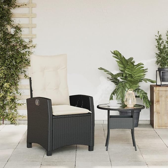 Reclining Garden Chair Black PE Rattan Standard Size with Adjustable Armrests and Removable Cushions for Outdoor Patio Lounging Weather-Resistant Durable Steel Frame