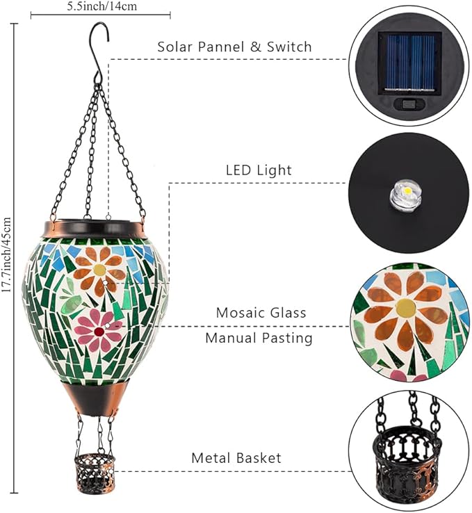 Mosica Hot Air Balloon Solar Lantern Flower Pattern Glass Hanging Solars Lanterns Outdoor Waterproof Decorative Solar Light for Garden Yard Patio Decor