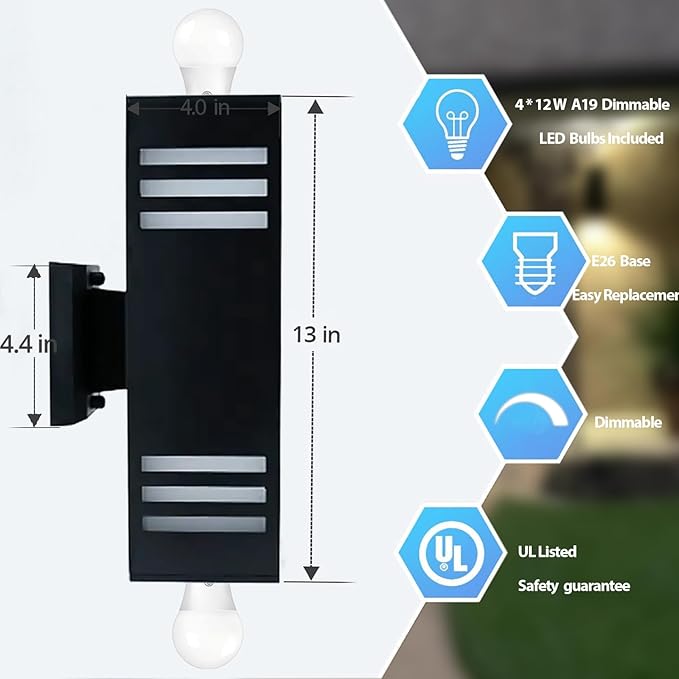 Motion Sensor Outdoor Wall Lights Dusk to Dawn Exterior Light Fixture with 3 Modes Waterproof Modern Dimmable Porch Light with Up Down Lighting for Patio Garage Front Door Matte Black 2Pack
