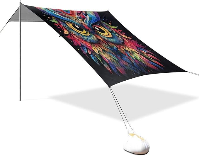 ALAZA Rainbow Owl Print Boho Beach Tent Sun Shelter UPF50+ Protection Beach Shade Canopy w/ 4 Sandbags for Outdoor Camping Fishing Backyard Fun Picnic 10x9 ft