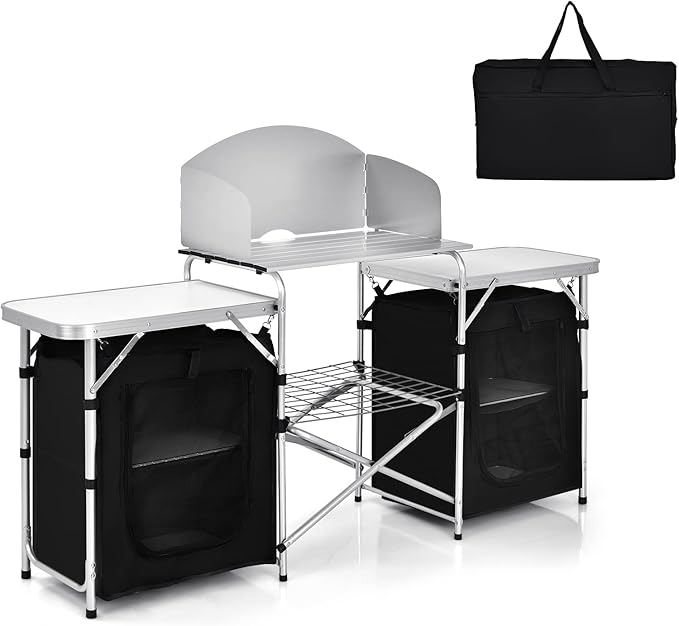 GYMAX Folding Camping Table Portable Kitchen Table with 2 Zipper Organizer Shelf &amp Wind Screen Foldable Cooking Table for Camping Hiking Picnic BBQ (Black)