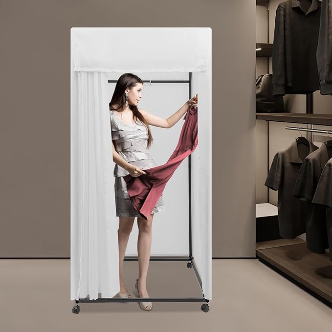 Clothing Store Fitting Room 39×39×78 inch Clothing Store Fitting Room with Shading Curtain Portable Temporary Mobile 95% Privacy Protection Dressing Room with Castors &amp Hanger (White)