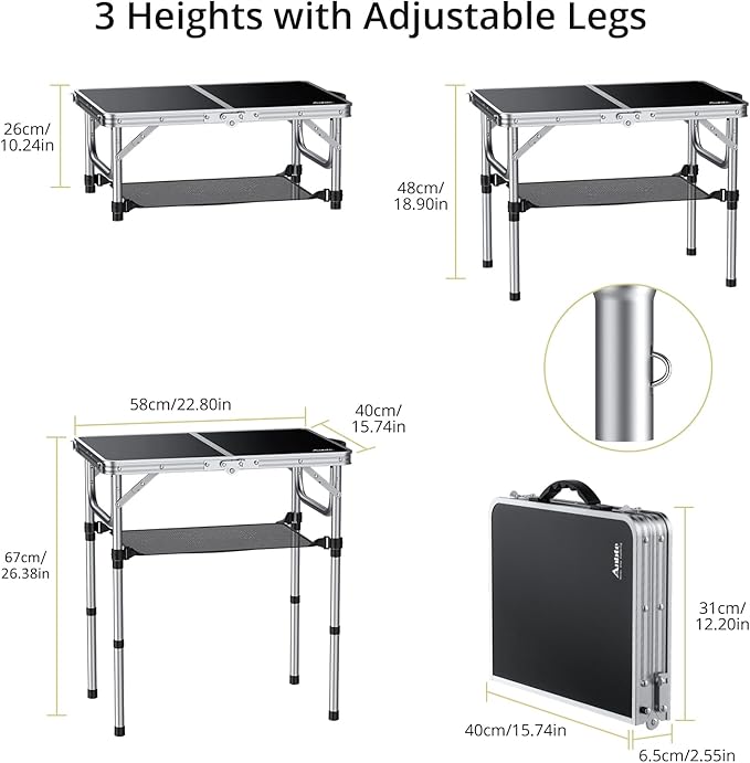 Anbte 2ft Folding Camping Table with Storage Net 3 Adjustable Heights Small Folding Table Portable &amp Lightweight with Carry Handle for Camping Fishing Picnic Beach Outdoor 22.8x 15.7 Silver