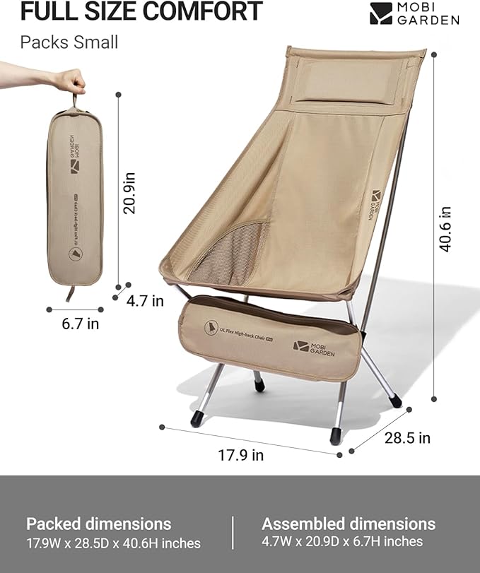 MOBI GARDEN High Back Camping Chair Ultralight Hiking Chair with 7075 Aluminum Frame Portable Lawn Chair with Breathable Mesh Sides &amp Attached Carry Bag for Hiking Backpacking and Festivals S
