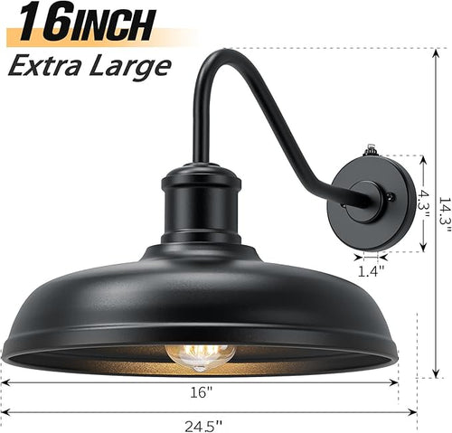 16 Inch Dome Dusk to Dawn Gooseneck Barn Light Outdoor Large Farmhouse Exterior Light Fixture Wall Mount Industrial Outdoor Wall Sconce Outside Lantern for House Porch Garage Entryway Black