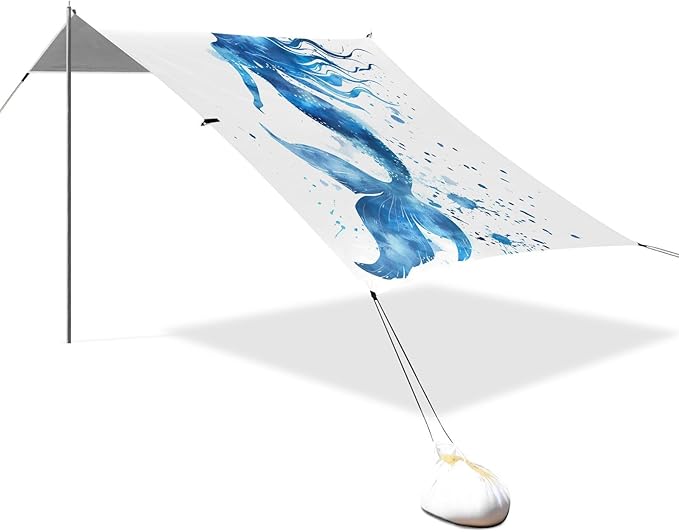 Watercolor Blue Mermaid Beach Tent Sun Shelter 9.2' x 10.5' Beach Canopy with 4 Sandbags 4 Stability Poles Sand Shovels - Tent Canopy for Beach Camping Fishing Picnics
