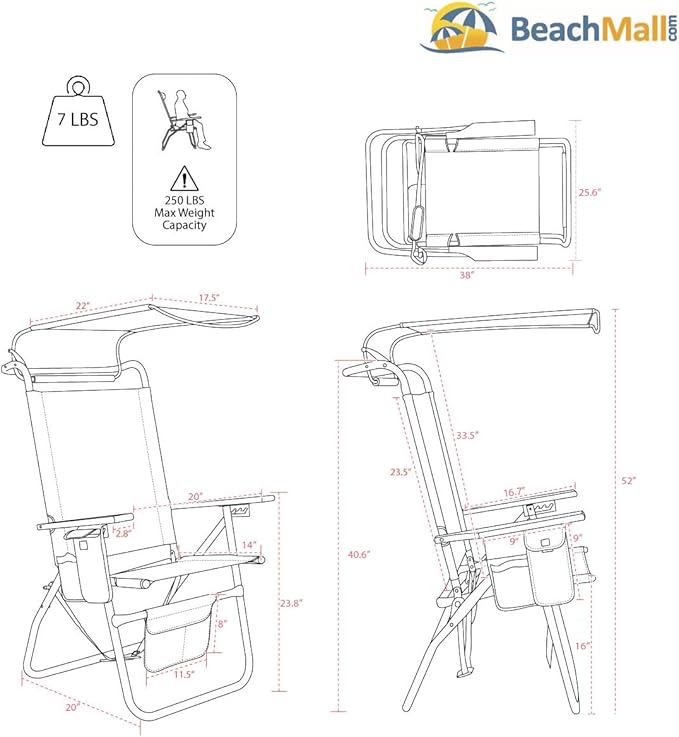 17 Inches High Seat Big Tycoon Aluminum Tall Beach Chair with Canopy for Adults 4 Reclining Positions Drink Holder Storage Pouch