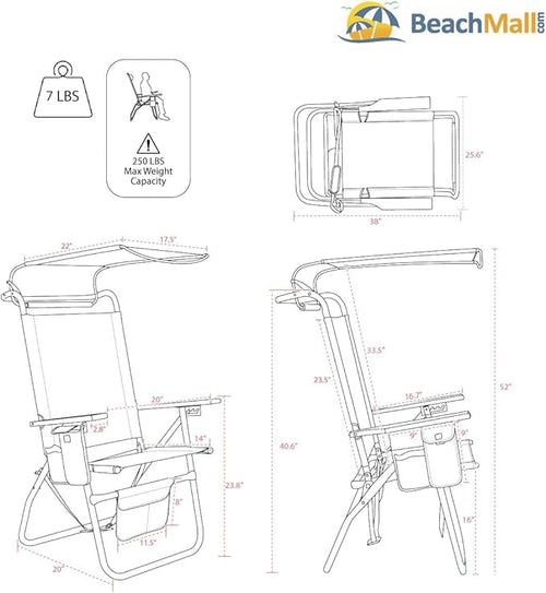 17 Inches High Seat Big Tycoon Aluminum Tall Beach Chair with Canopy for Adults 4 Reclining Positions Drink Holder Storage Pouch