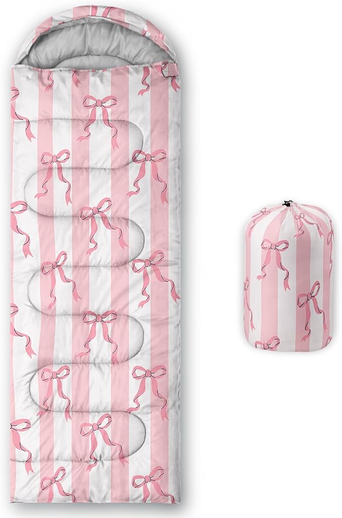 Girls Bow Sleeping BagPink Bowknot Waterproof Portable Camping BagPink and White Stripes Girly Portable Compact with Compression Sack for Backpacking Outdoor Indoor in Spring Summer Fall