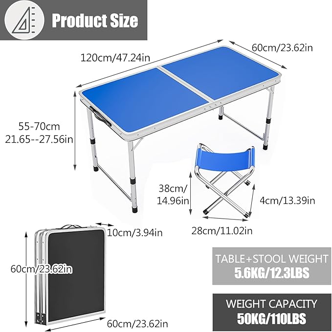 Adjustable Height Aluminum Folding Table Portable Outdoor Camping Table with Handle Compact 120X60Cm Picnic Dining Table Set with 4 Stools - Blue120X60Cm Bla80X50cm Gray