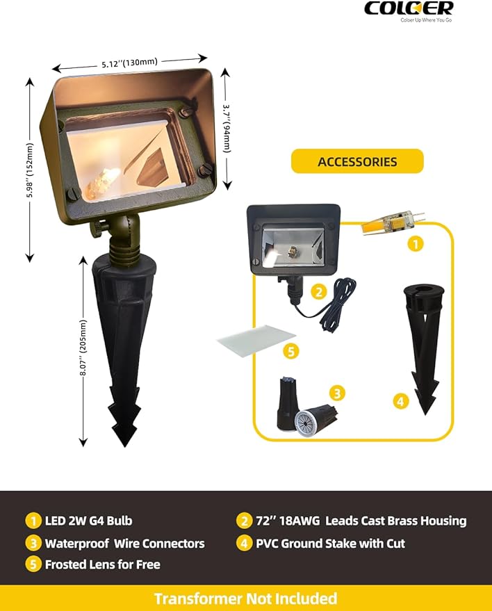 COLOER Brass Flood Lights with 4W 2700K LED G4 Bulb 12V Low Voltage Landscape Floodlights for Outside Outdoor Wall Lights Illuminating Signs Walls and Tree