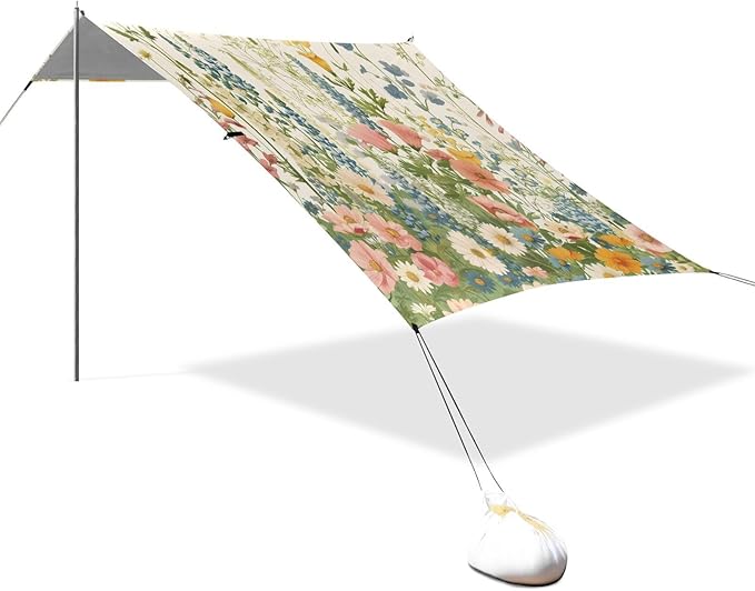Vintage Wildflower Meadow Beach Tent Sun Shelter 9.2' x 10.5' Beach Canopy with 4 Sandbags 4 Stability Poles Sand Shovels - Tent Canopy for Beach Camping Fishing Picnics