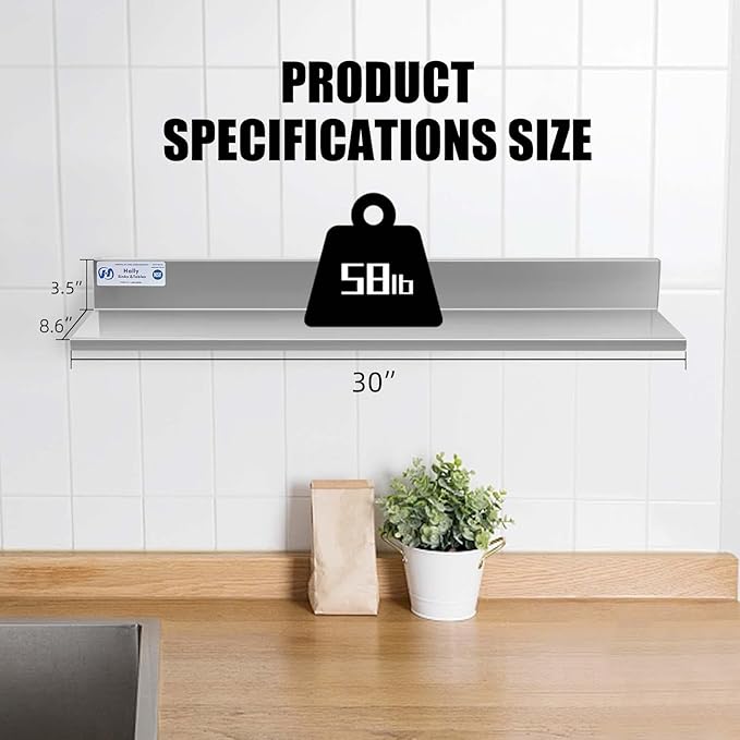 Hally Stainless Steel Wall Shelf 8.6 x 30 Inches 58 lb NSF Commercial Heavy Duty Wall Mount Floating Shelving for Restaurant Kitchen Home Hotel and Bar 2 Pack