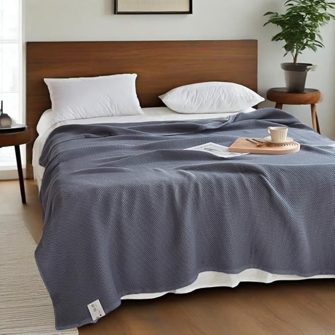 Bnitoam 100% Cotton Waffle Weave Blanket for Bed Couch Sofa 80x92 Ultra Soft Breathable Cooling Cellular Blanket for Adult Lightweight All Season Machine Washable (Grey 80x92)