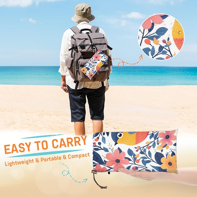 Waterproof Sandproof Beach Blanket 59''×68'' Animal-Bird Flower Polyester Outdoor Picnic Blanket with 4 Stakes &amp Storage Bag for BeachCampingVacation
