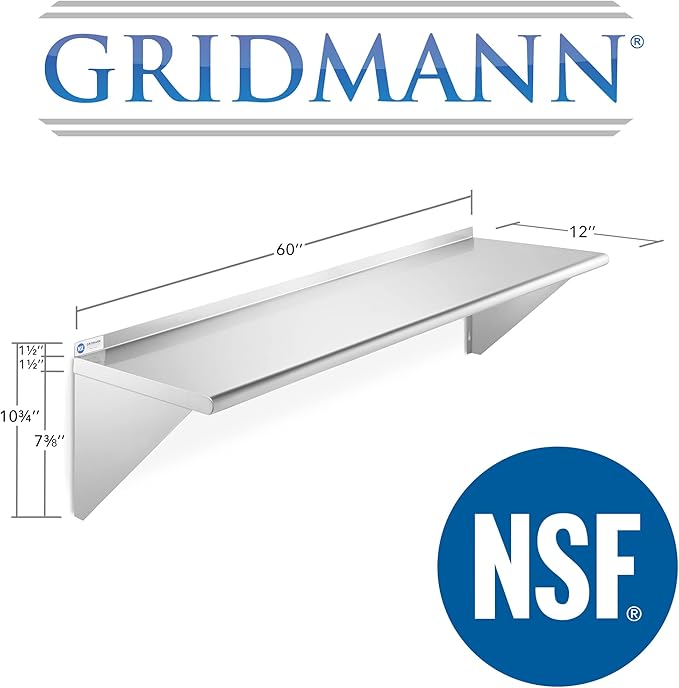 GRIDMANN 12 x 60 Stainless Steel Wall Mount Shelf with Backsplash Commercial Grade - NSF Certified 18 Gauge Shelving for Restaurant Kitchen Utility Room Garage