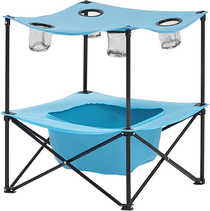 VEVOR Folding Camping Table Portable Outdoor Lightweight Picnic Table 600D Oxford Fabric Waterproof Canvas Travel Beach Tables with 4 Cup Holders Carry Bag for Tailgating Camping Picnic Blue