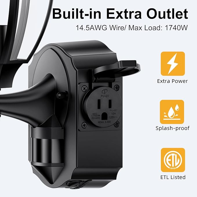 2 Pack Porch Lights with Outlet Motion Sensor Outdoor Lights Updated Dusk to Dawn Exterior Lighting Fixtures Waterproof Anti-Rust Aluminum Outside Light for House Entryway Garage Black