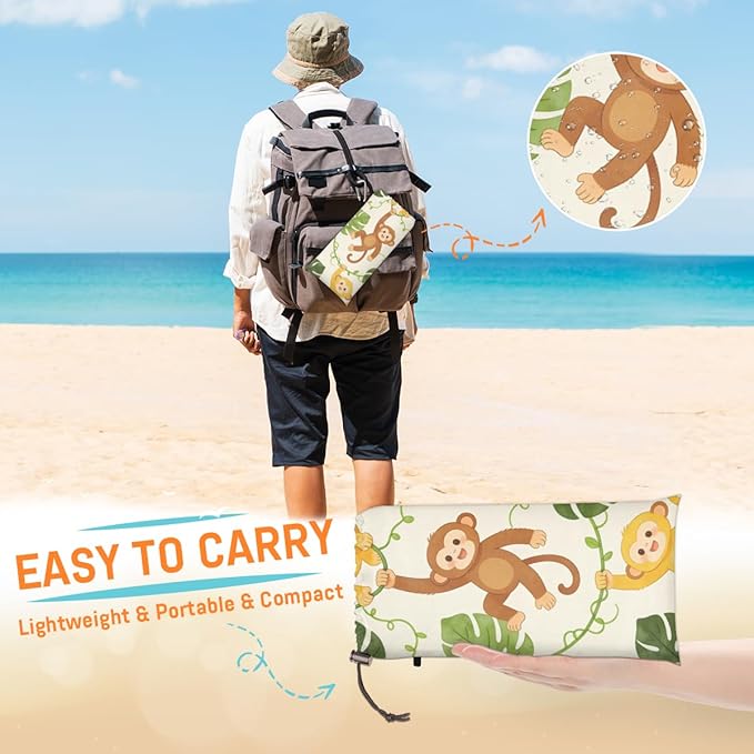 Tropical Cartoon Monkey Beach Blanket - Waterproof and Sand Proof 79 x83 Large Lightweight Picnic Mat Suitable for Beach Camping Hiking Includes 4 Ground Nails&amp1 Storage Bag