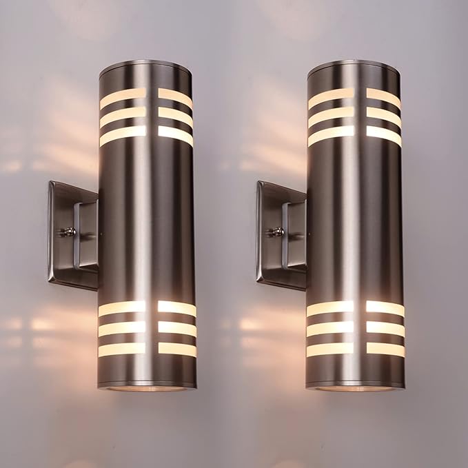 2 Pack Outdoor Wall Sconce Waterproof Wall Light Fixture Cylinder Porch Wall Mount Light with Stainless Steel 304 E27 13 Height UL Listed (Silver Brushed Nickel No Bulbs)