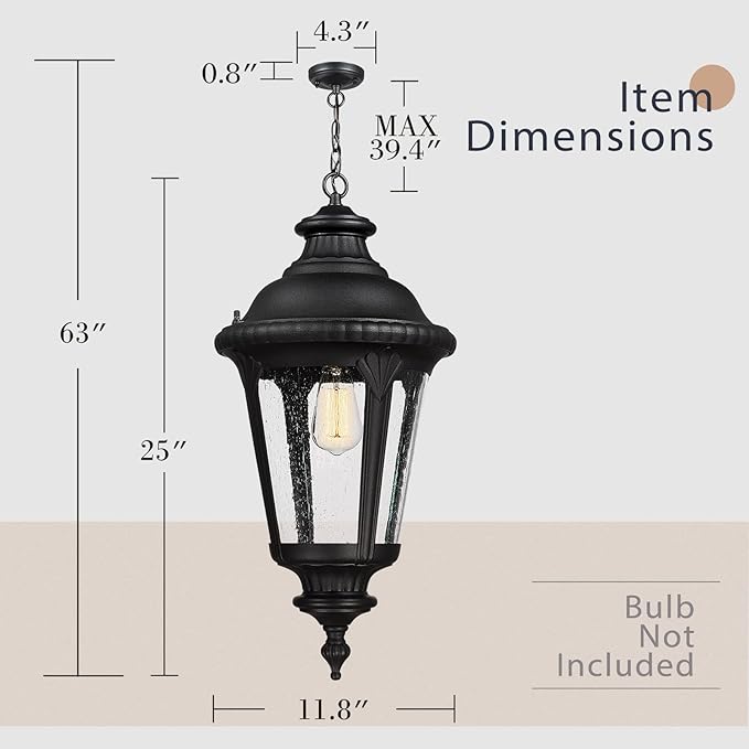 Emliviar Vintage Farmhouse Outdoor Hanging Light Lantern 25 Inch Large Exterior Pendant Light Ceiling Mount with Seeded Glass Black Finish XE265H BK