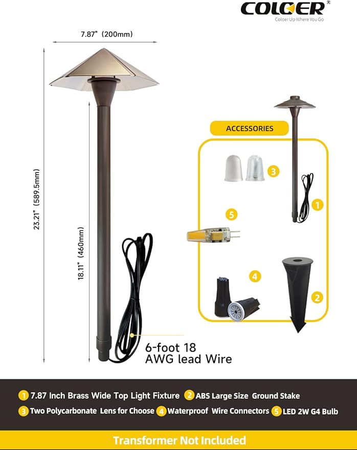 COLOER 12V Brass Outdoor Low Voltage Garden Path Lights for Outside(Bronze23.2 Tall 7.9 Shade) with 2W 2700K G4 LED Bulb(605B)