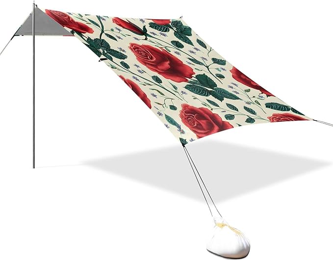 Bolaz Beach Canopy Tent Sun Shade9'×10.5' Large Family Beach Shade UPF50+- Outdoor Shade for Camping Trips FishingRed Rose Pattern