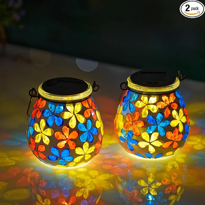 Stargarden 2Pack Mosaic Solar Lanterns Glass Hanging Lantern Waterproof Outdoor Haning Lights Flower Decorative Table Lamp for Garden PatioYard Decor