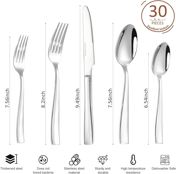 Lazycorner Silverware Set for 6 18/10 Stainless Steel Flatware Set 30-Piece Mirror Polished Modern Cutlery Set include Fork Knife Spoon Set(Dishwasher Safe)