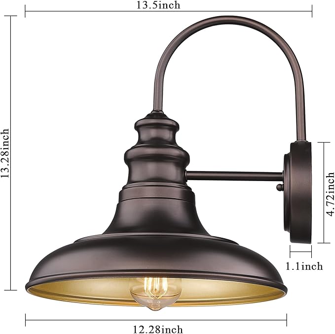 Outdoor Barn Light Fixture Farmhouse Wall Mount Light Wall Sconce Exterior Wall Lighting Fixture Industrial Bronze Finish Lantern for Porch with Gold Interior 1Pack RZ004 ORB