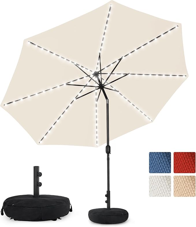 Sundale Outdoor Olefin 5-Year-Non-Fading Solar 104 LED 11FT Solar Patio Umbrella with Sand Bag Base Outdoor Umbrella with Tilt and Crank Beige