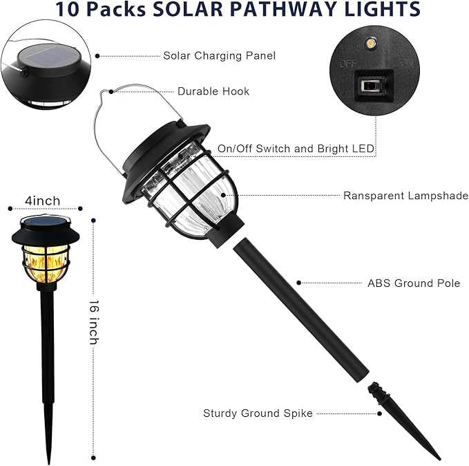 10 Pack Solar Pathway Lights Outdoor- Bright Solar Powered Garden Light with 3000K Warm LED Auto On/Off Waterproof Path Lights Decorative Landscape Lighting for Yard Patio Walkway Driveway